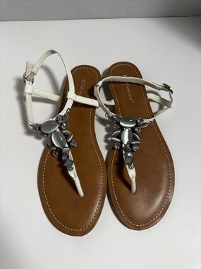 BCBG White Jeweled T-Strap Sandals